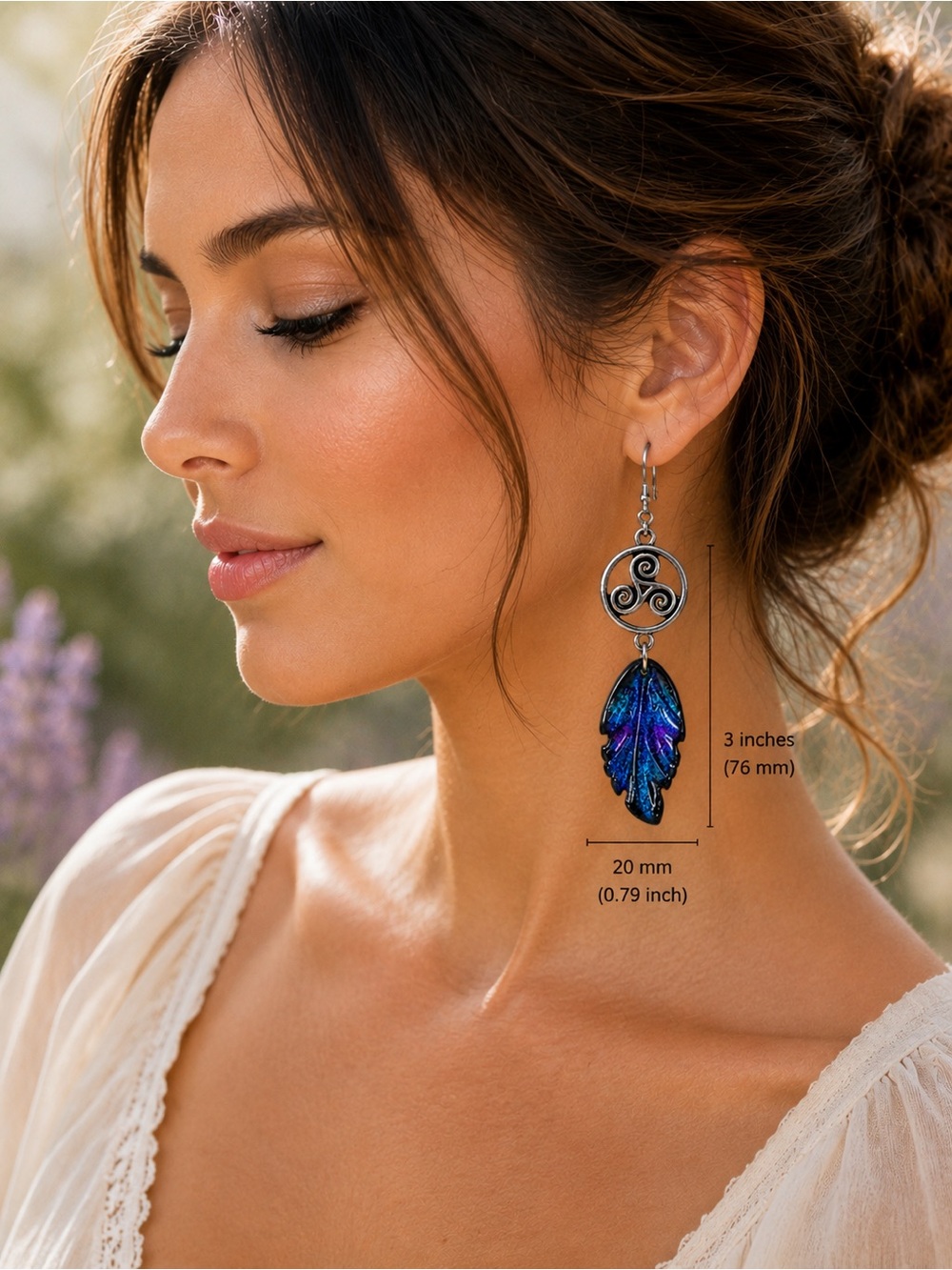Celtic Triskelion Leaf Earrings | Iridescent Glass Dangles | Premium Leverbacks - Picture 2 of 9